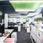 an office with white cabinets and desks